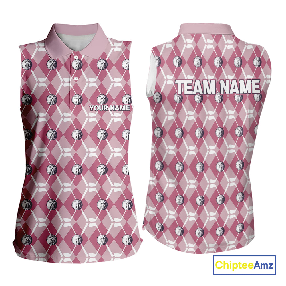 Women sleeveless polo shirt custom pink argyle plaid pattern golf attire for ladies NQS10443