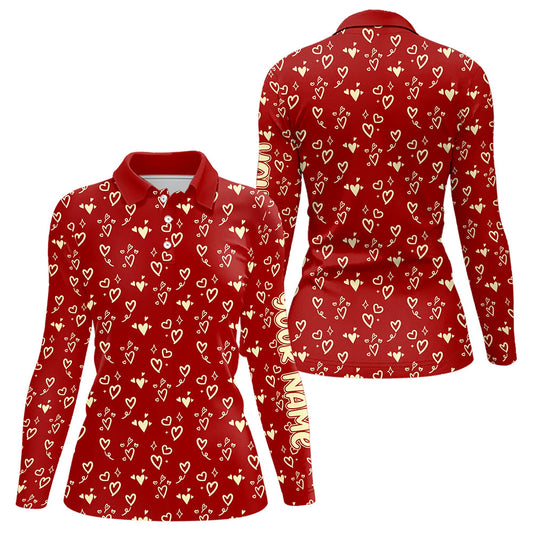 Gold Heart Red pattern Women golf polo shirt custom Valentines golf gift for her NQS9368