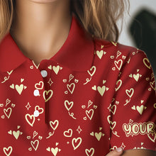 Load image into Gallery viewer, Gold Heart Red pattern Women golf polo shirt custom Valentines golf gift for her NQS9368