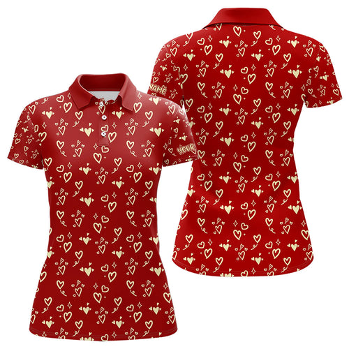Gold Heart Red pattern Women golf polo shirt custom Valentines golf gift for her NQS9368