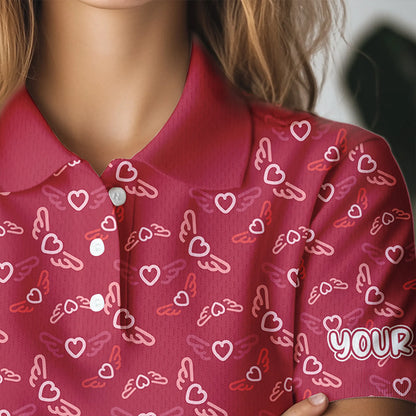 Pink Heart Wings pattern Women golf polo shirts custom Valentines golf shirts for ladies, gift for her NQS9369