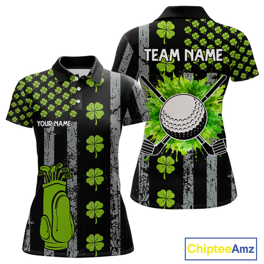 Custom Black Grunge US Flag Green Shamrock St Patrick Golf Polo shirts for Women Patriotic Golf shirt NQS11449