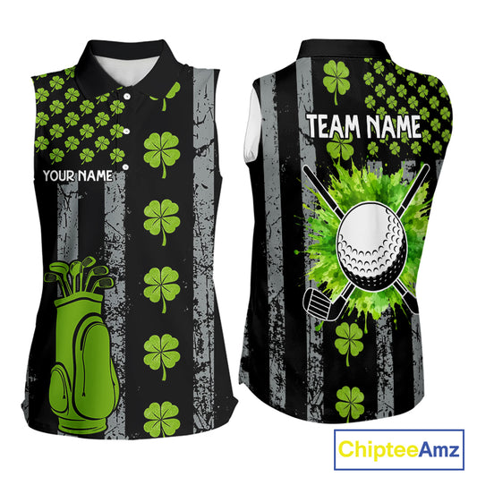 Custom Black Grunge US Flag Green Shamrock St Patrick Sleeveless Golf Polo shirt Patriotic Golf shirt NQS11449