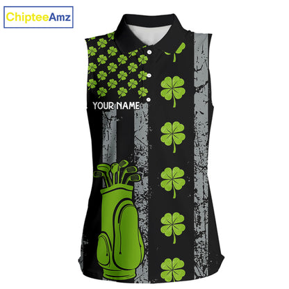 Custom Black Grunge US Flag Green Shamrock St Patrick Sleeveless Golf Polo shirt Patriotic Golf shirt NQS11449