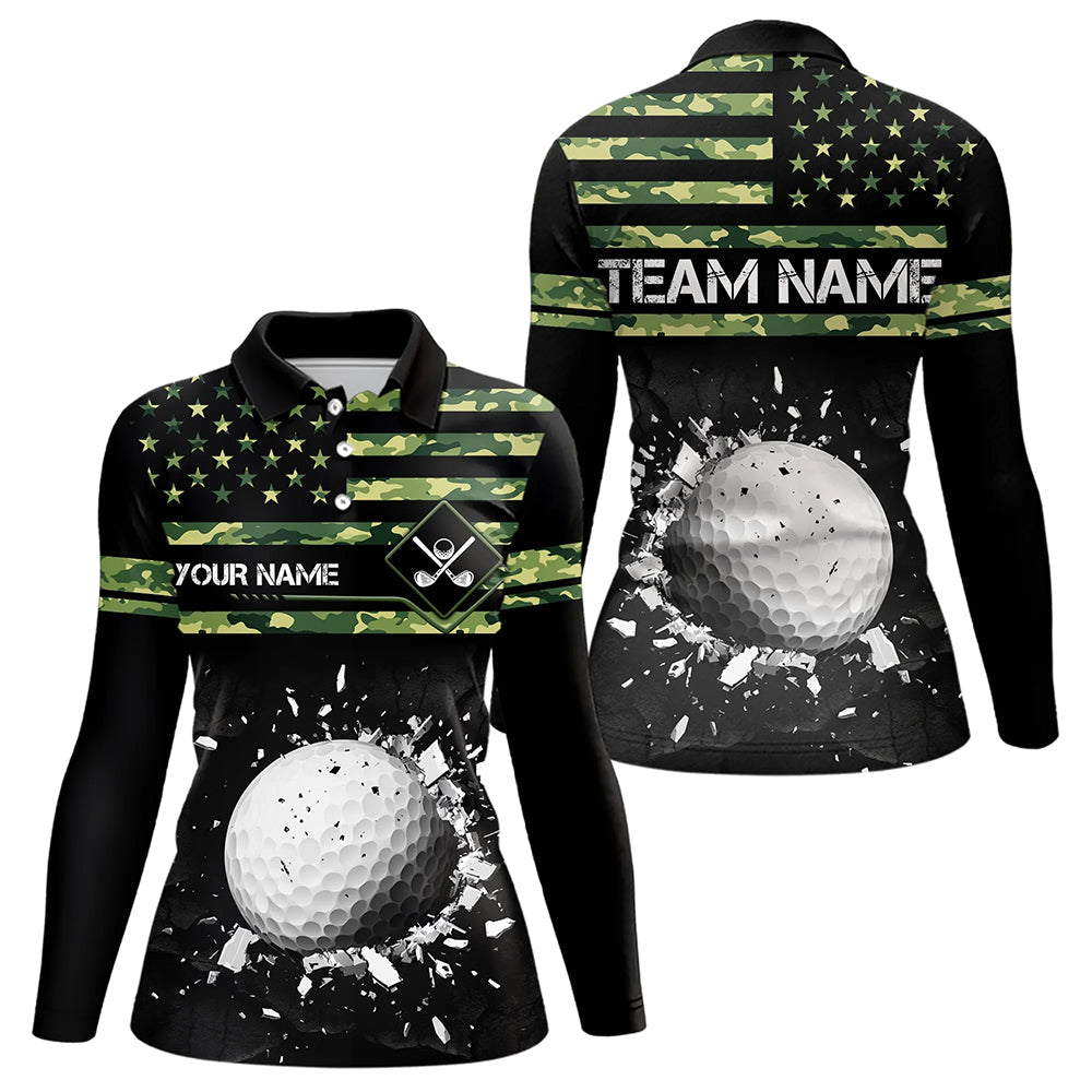 Green Camo American flag black Women golf polo shirts custom patriotic team golf apparel for ladies NQS9517