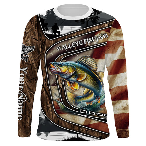 Walleye Fishing camo American flag patriotic Customize name long sleeves fishing shirts NQS1433