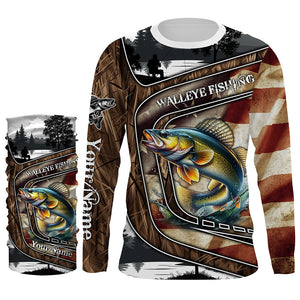 Walleye Fishing camo American flag patriotic Customize name long sleeves fishing shirts NQS1433