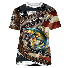 Load image into Gallery viewer, Walleye Fishing camo American flag patriotic Customize name long sleeves fishing shirts NQS1433