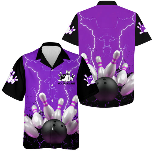 Purple lightning hawaiian bowling shirts, Personalized men's bowling team button up bowling shirts NQS7279