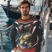 Load image into Gallery viewer, Black and Orange Largemouth Bass Long Sleeve Fishing Shirt, Personalized Bass Fishing Tounament Jersey NQS9681