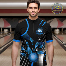 Load image into Gallery viewer, Black and Blue Mens Bowling Polo, Quarter Zip Shirts Custom Bowling outfit men Team Jerseys NQS9956