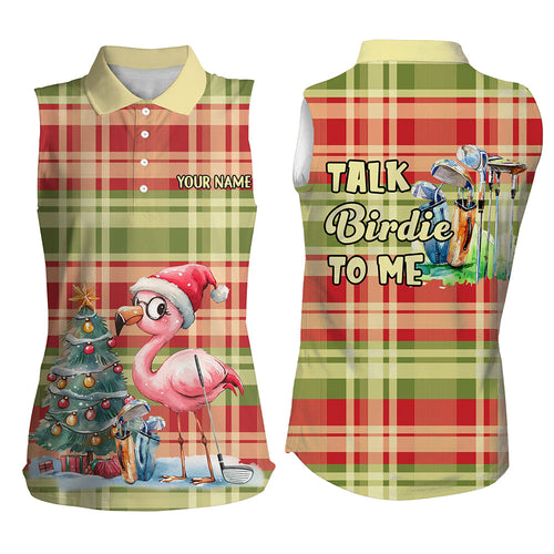 Womens sleeveless polos custom funny Flamingo plaid pattern Christmas golf shirts talk birdie to me NQS8697