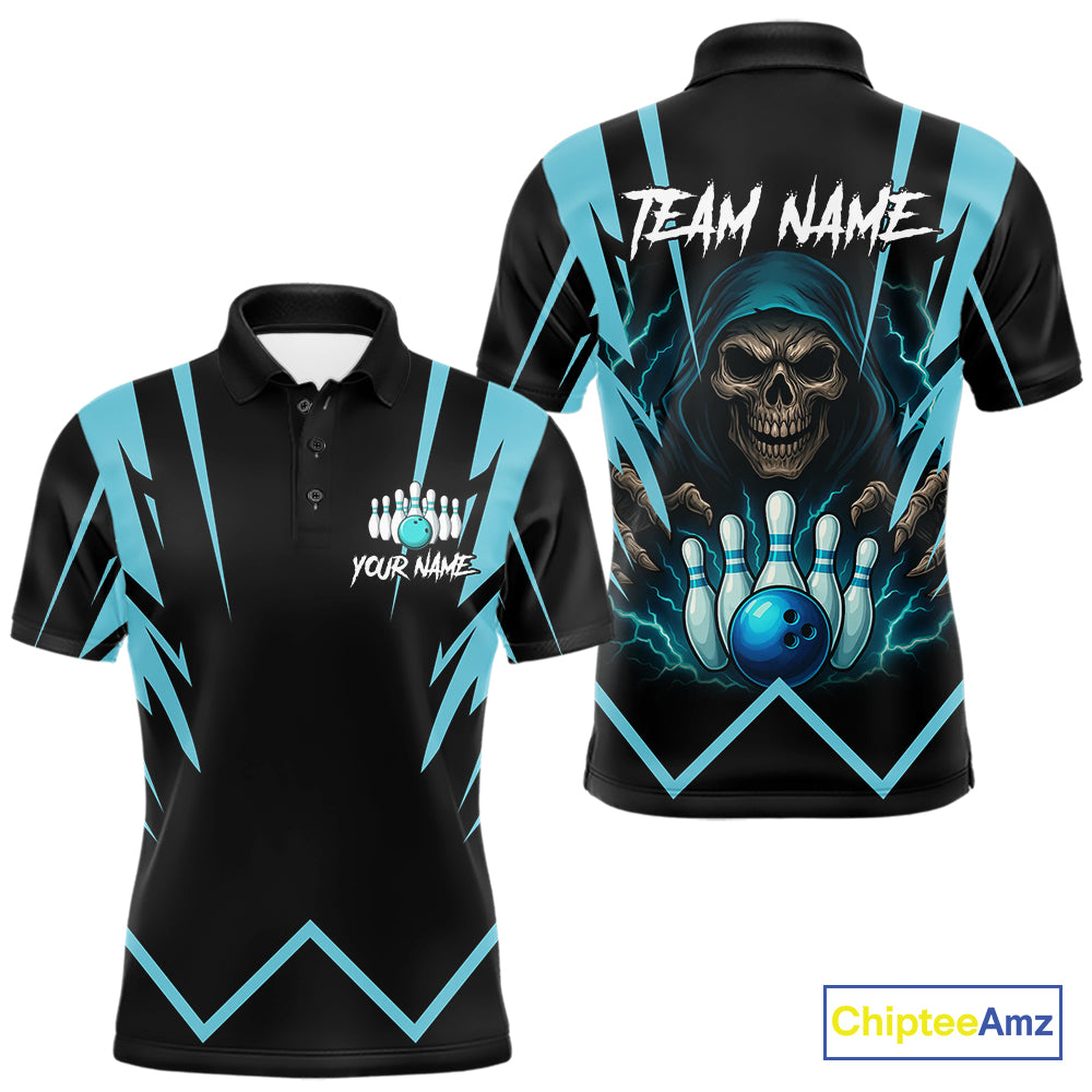 Black and Blue Reaper Skull lightning Bowling Shirts for Men Custom Skull Team Bowling league jersey NQS10869