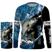 Load image into Gallery viewer, Striped Bass fishing blue ocean camouflage fishing clothing Custom performance fishing shirts NQS2625