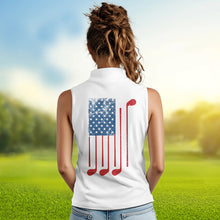 Load image into Gallery viewer, Red, white and blue American Flag Skull Women sleeveless polos custom patriotic golf attire for ladies NQS9375