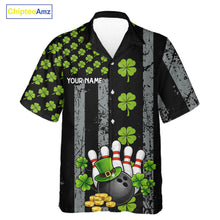 Load image into Gallery viewer, Custom Grunge US Flag Green Shamrock St Patrick Bowling Hawaiian shirts, button up bowling shirts NQS11450