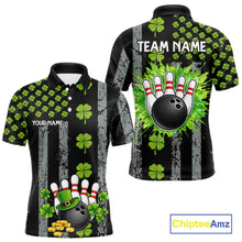 Load image into Gallery viewer, Custom Black Grunge US Flag Green Shamrock St Patrick Bowling polo shirts for men, bowling jersey men NQS11450