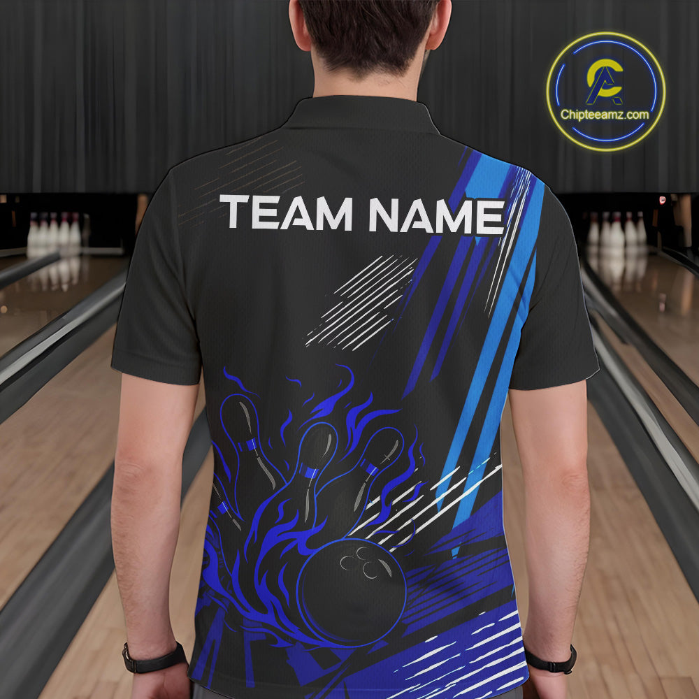 Black and Blue Flame Bowling Polo, Quarter Zip Shirts For Men Custom Bowling Outfit Team Jerseys NQS9962