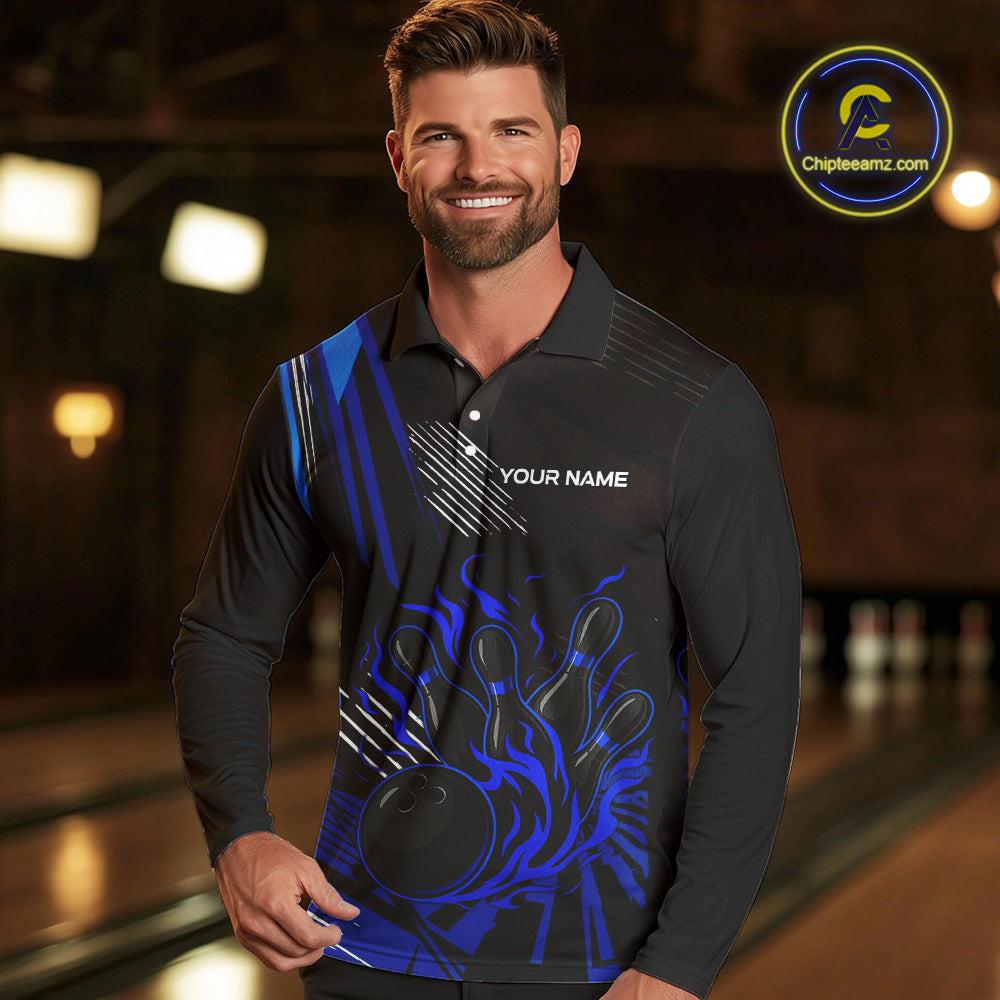 Black and Blue Flame Bowling Polo, Quarter Zip Shirts For Men Custom Bowling Outfit Team Jerseys NQS9962