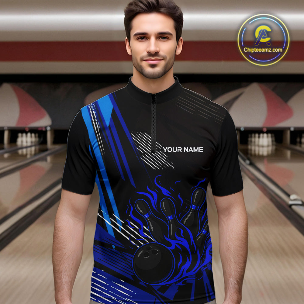Black and Blue Flame Bowling Polo, Quarter Zip Shirts For Men Custom Bowling Outfit Team Jerseys NQS9962