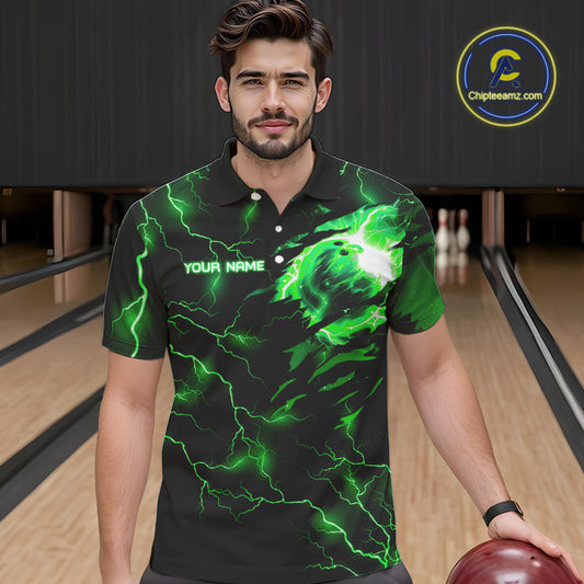 Green lightning thunder bowling American flag Eagle custom Mens Bowling Polo, Quarter Zip Shirts NQS10111
