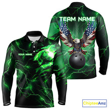 Load image into Gallery viewer, Green lightning thunder bowling American flag Eagle custom Mens Bowling Polo, Quarter Zip Shirts NQS10111