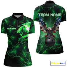 Load image into Gallery viewer, Green lightning thunder bowling American flag Eagle custom Women Bowling Polo, Quarter Zip Shirts NQS10111