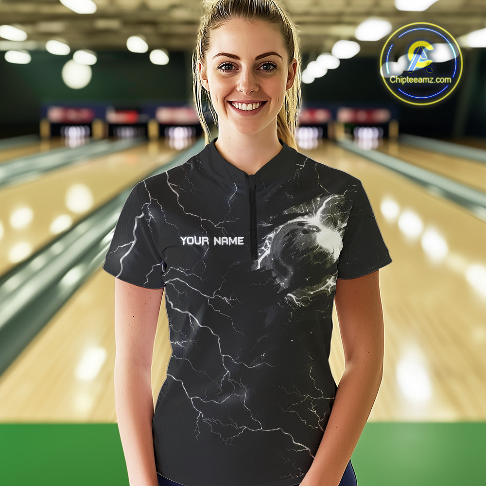 Black lightning thunder bowling American flag Eagle custom Women Bowling Polo, Quarter Zip Shirts NQS10112