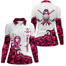 Load image into Gallery viewer, White and Pink camo ribbons Women Golf Polo Shirts custom breast cancer golf shirts for ladies NQS8460