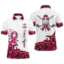 Load image into Gallery viewer, White and Pink camo ribbons Mens Golf Polo Shirts custom breast cancer golf shirts for men, golf gifts NQS8460