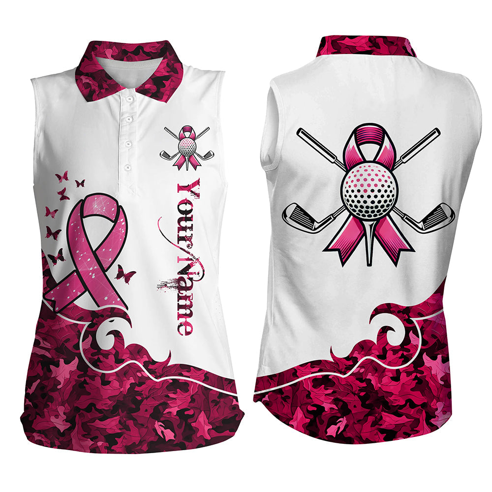 White and Pink camo ribbons Women Sleeveless polo shirts custom breast cancer golf shirts for ladies NQS8460