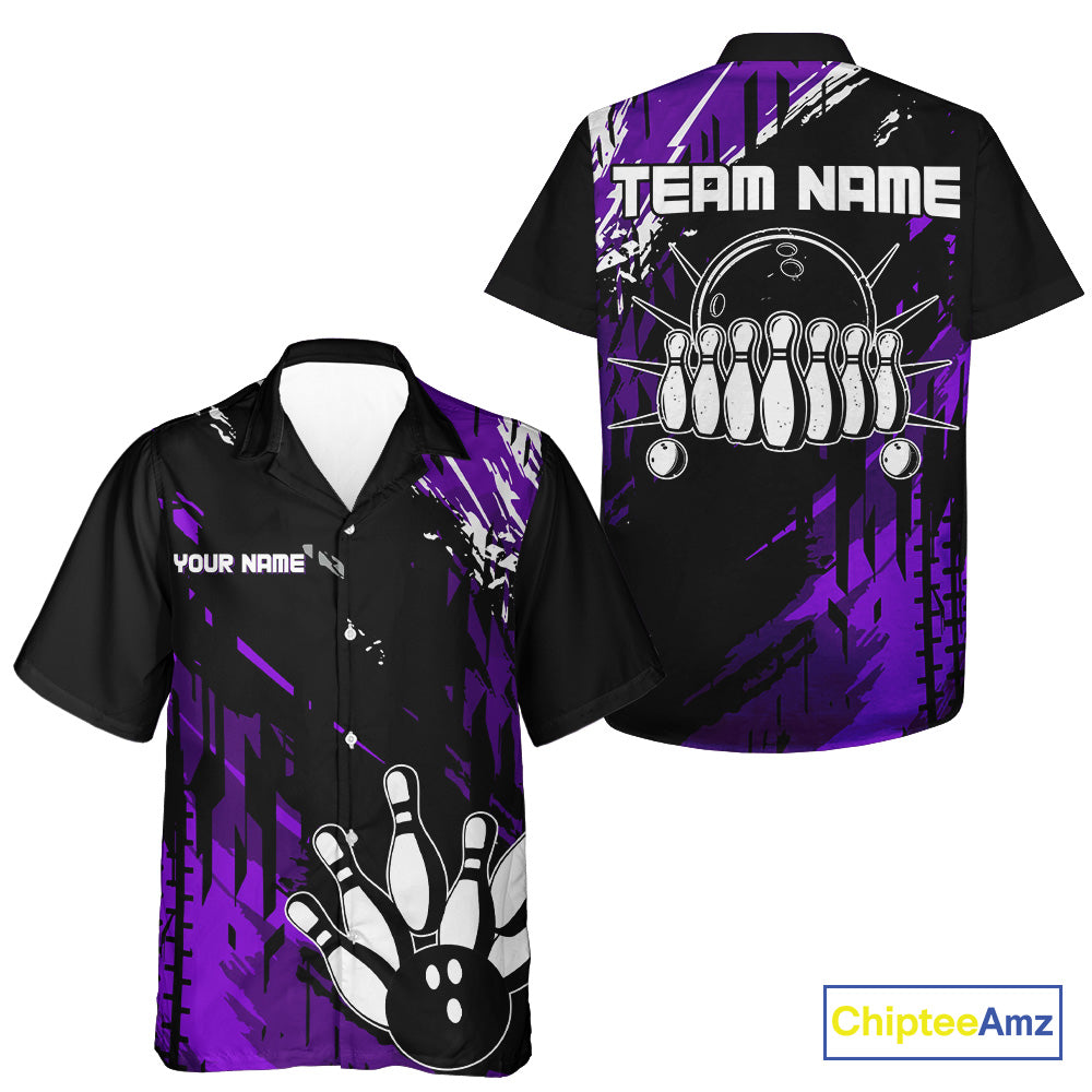 Black and Purple Bowling Hawaiian Shirt Custom retro bowling ball & pins bowling team button-up shirt NQS10642