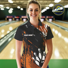 Load image into Gallery viewer, Black and Orange Women bowling shirts Custom retro bowling ball and pins bowling team league jerseys NQS10643