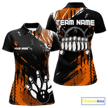 Load image into Gallery viewer, Black and Orange Women bowling shirts Custom retro bowling ball and pins bowling team league jerseys NQS10643