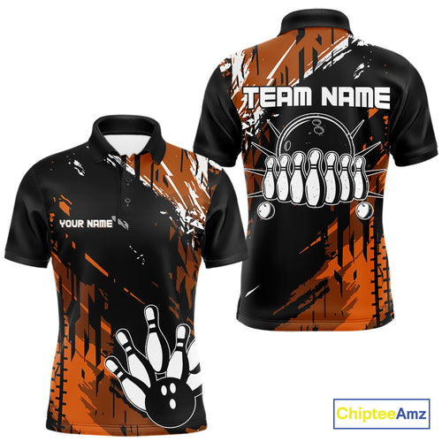 Black and Orange Mens bowling shirts Custom retro bowling ball and pins bowling team league jerseys NQS10643