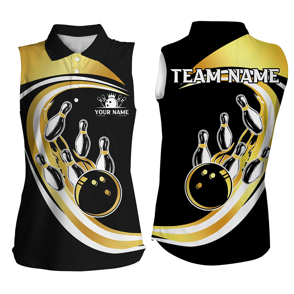 Black and Gold Bowling Sleeveless Polo Shirt Custom Bowling Team League Jersey, Gift For Bowlers NQS8705