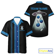 Load image into Gallery viewer, Black and Blue ufo alien Retro Bowling Hawaiian shirt Custom Bowling Team button up shirt NQS11462