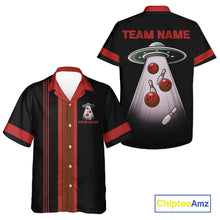Load image into Gallery viewer, Black and Red ufo alien Retro Bowling Hawaiian shirt Custom Bowling Team button up shirt NQS11463