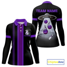 Load image into Gallery viewer, Black and Purple ufo alien Retro Bowling Polo, Quarter Zip Shirt for Women Custom Bowling Team Jersey NQS11464