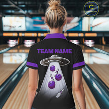 Load image into Gallery viewer, Black and Purple ufo alien Retro Bowling Polo, Quarter Zip Shirt for Women Custom Bowling Team Jersey NQS11464