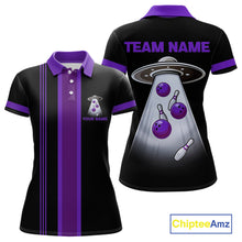 Load image into Gallery viewer, Black and Purple ufo alien Retro Bowling Polo, Quarter Zip Shirt for Women Custom Bowling Team Jersey NQS11464