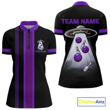 Load image into Gallery viewer, Black and Purple ufo alien Retro Bowling Polo, Quarter Zip Shirt for Women Custom Bowling Team Jersey NQS11464
