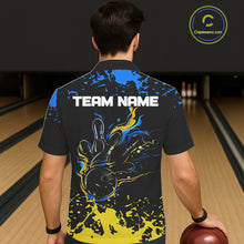 Load image into Gallery viewer, Personalized Black, Blue and Yellow Bowling Hawaiian Shirt, Bowling Ball &amp; Pins Bowling Team Shirts NQS11465