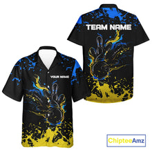 Load image into Gallery viewer, Personalized Black, Blue and Yellow Bowling Hawaiian Shirt, Bowling Ball &amp; Pins Bowling Team Shirts NQS11465