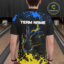Load image into Gallery viewer, Personalized Black, Blue &amp; Yellow Bowling Shirts For Men, Bowling Balls And Pins Bowling Team Shirts NQS11465
