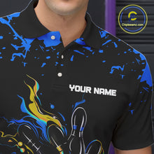 Load image into Gallery viewer, Personalized Black, Blue &amp; Yellow Bowling Shirts For Men, Bowling Balls And Pins Bowling Team Shirts NQS11465