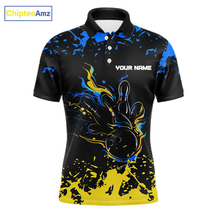Personalized Black, Blue & Yellow Bowling Shirts For Men, Bowling Balls And Pins Bowling Team Shirts NQS11465