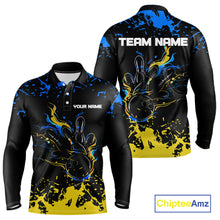 Load image into Gallery viewer, Personalized Black, Blue &amp; Yellow Bowling Shirts For Men, Bowling Balls And Pins Bowling Team Shirts NQS11465