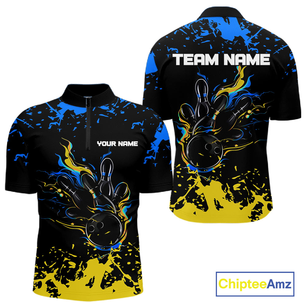 Personalized Black, Blue & Yellow Bowling Shirts For Men, Bowling Balls And Pins Bowling Team Shirts NQS11465