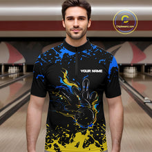 Load image into Gallery viewer, Personalized Black, Blue &amp; Yellow Bowling Shirts For Men, Bowling Balls And Pins Bowling Team Shirts NQS11465